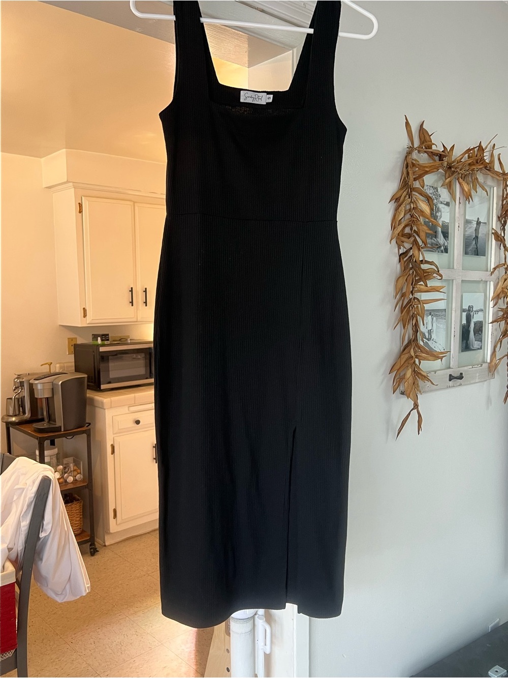 Sleeveless Black Ribbed Midi Dress with Square Neckline
